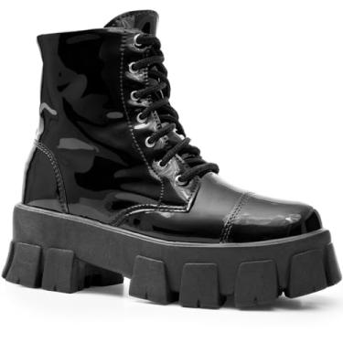 Imagem de Coturno Tratorado Feminino Salto Grosso Moda Plataforma Bota Verniz Preto36