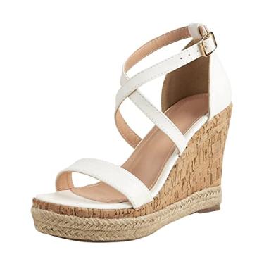 Imagem de Sandálias femininas elegantes verão primavera verão nova plataforma feminina sapatos rasos femininos fora bico aberto cunha tornozelo, Branco, 8.5 Narrow