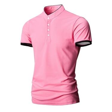 Imagem de Camisa polo masculina cor sólida gola alta camiseta polo confortável manga curta, Rosa, 3G