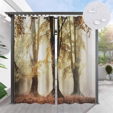 Imagem de Cortinas externas impressas à prova d'água, cortinas externas para pérgula com ilhó, padrão de paisagem florestal, cortinas blackout com isolamento térmico para gazebo, 2 painéis,#C,W84"xH96