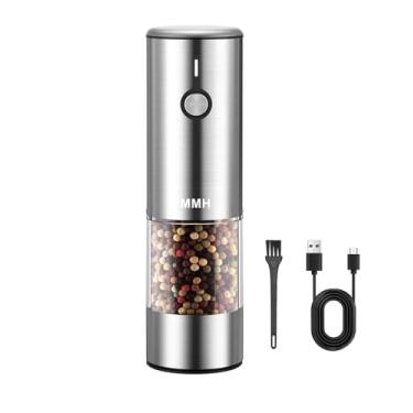 Imagem de Moedor elétrico de sal e pimenta, recarregável com 6 níveis de grossura ajustável, fácil de recarregar, saleiro e pimenteiro automáticos de aço inoxidável com uma mão recarregável com luz LED