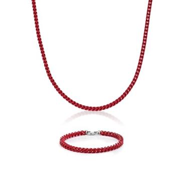 Imagem de Metro Jewelry Conjunto de corrente e pulseira de aço inoxidável vermelho acrílico fino para homens - 61 cm de comprimento 5 mm de largura com garra de lagosta, Metal, Sem pedra preciosa