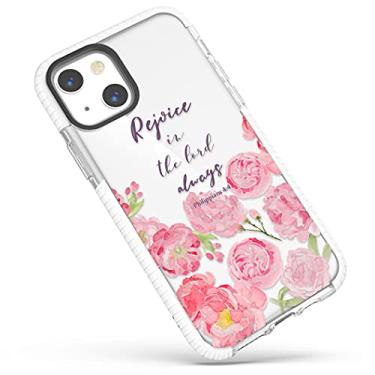 Imagem de frepstudio Capa transparente compatível com iPhone 13 (6,1 polegadas), meninas, mulheres, rosas, peônia, inspiradora, versículos bíblicos, citações cristãs, Filipenses 4:4, capa protetora macia à