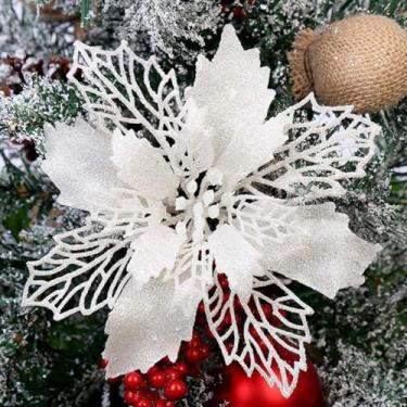 Imagem de GL-Turelifes Pacote com 12 flores artificiais de poinsétia com glitter, guirlanda de Natal, enfeites de flores de árvore de Natal, 16 cm de diâmetro com 12 peças de picadas macias verdes (brancas)