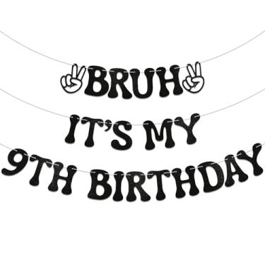 Imagem de Bruh Faixa It's My 9th Birthday - Decoração de festa de aniversário para meninos, placa de festa de menino adolescente, bandeira engraçada de aniversário de 9 anos Bruh com glitter preto