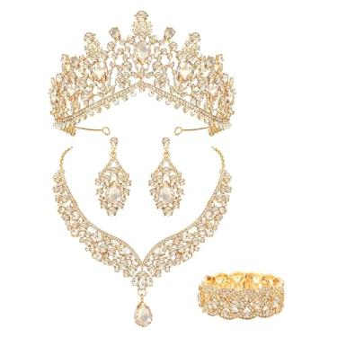 Imagem de Oriamour Tiaras e coroas para mulheres, conjunto de joias de casamento para mulheres, pacote com 5 brincos de coroa, colar, pulseira, conjunto de joias de noiva para noiva, fantasia de cristal, festa