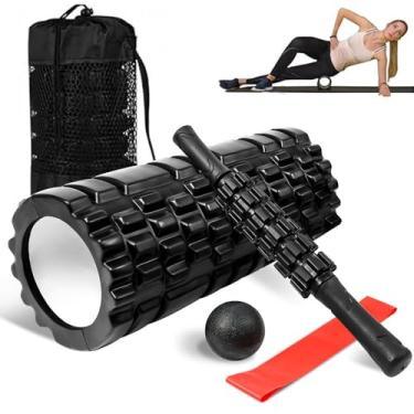 Imagem de Rolo Massagem Liberação Miofascial, Kit Rolo de Liberação Miofascial, 4 em 1 Foam Roller com Bastão/Rolinho, Faixa de Alongamento, 1 Bolas de Massagem e Sacola de Transporte, Faixa Auxiliar de Puxar