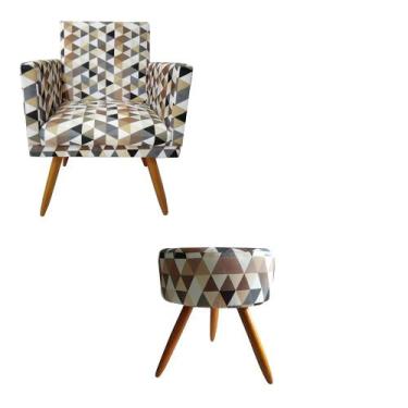 Imagem de Conjunto Poltrona Decorativa Nina e Puff Redondo Pés Palito Suede Triâ