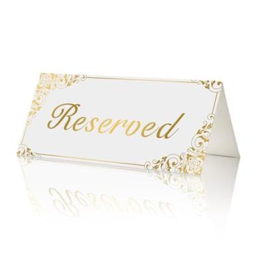 Imagem de Pacote com 18 placas de mesa reservadas de ouro para festa de casamento e restaurante – Placas reservadas de ouro dupla face para mesas cadeiras – Cartão de mesa reservado de papel branco – Acessórios