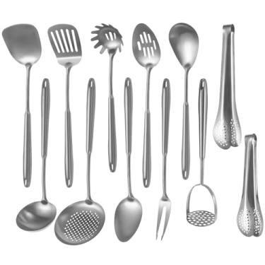 Imagem de Conjunto de utensílios de cozinha 304 Stainlss Steel, 12 peças de utensílios de cozinha longos de metal com espátula, concha, colher, concha, escumadeira, sintonizador, servidor de massa, pinça
