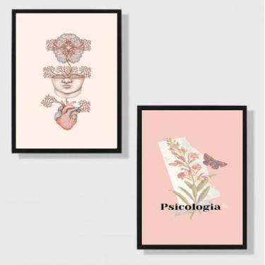 Imagem de Kit 2 Quadros Psicologia Rosa 24x18cm - Quadros On-line, Madeira branc