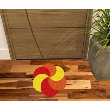 Imagem de Tapete capacho redondo, laranja, amarelo  e vermelho para decoração. -