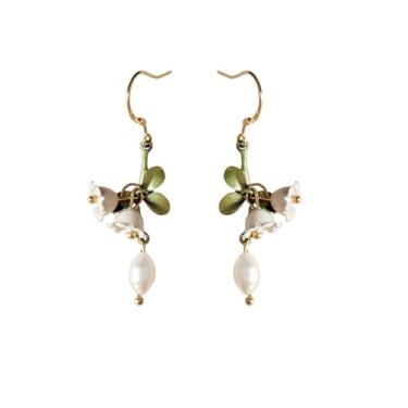 Imagem de Colar de flor de lírio do vale, brincos banhados a ouro, pingente de fada, lírio branco, flores de pérola de água doce, esmaltado, folhas verdes, borla, conjunto de joias para mulheres, casamento,