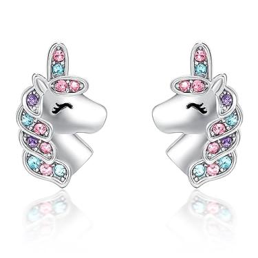 Imagem de KINGSIN Brincos de unicórnio para meninas pequenas, prateados, hipoalergênicos, unicórnio, joias, presentes para filha, irmã, festa, aniversário