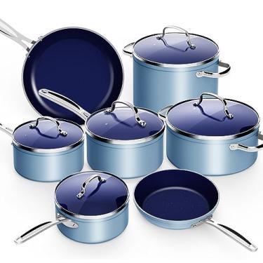 Imagem de Nuwave Conjunto de panelas leves forjadas de 12 peças, revestimento ultra antiaderente de cerâmica Duralon saudável G10, tampas de vidro temperado ventiladas, alças que permanecem frias, prontas para