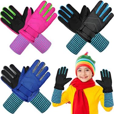 Imagem de Newcotte 3 pares de luvas infantis impermeáveis de inverno de punho longo para esqui e neve, luvas quentes para meninos e meninas ao ar livre, azul royal, preto e vermelho rosa, Aged 4-6