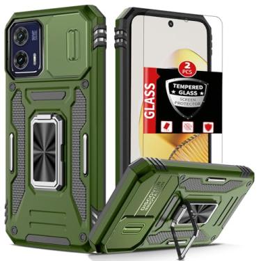 Imagem de FRLMOOES Capa para Motorola Moto G73 com 2 protetores de tela, capa de câmera deslizante integrada + anel de suporte de 360° para capa de telefone G73 à prova de choque, antiarranhões, proteção
