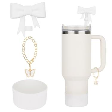 Imagem de Conjunto de capa de canudo de arco de 3 peças para copo Stanley: capa de palha de laço fofo, bota de silicone, corrente de charme para copo de 30/1,134 g com alça - branco