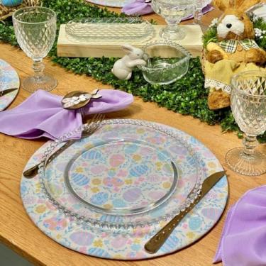 Imagem de Kit 6 Capas de Sousplat Páscoa Colorido Com 6 Guardanapos E 6 Pgs Decorativos (OVOS ROSA E AZUL CLARO - GUARDANAPOS LILÁS - PG COELHO CHOCOLATE)