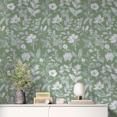 Imagem de WENMER Papel de parede floral para descascar e colar papel de parede vintage Boho contato papel de parede autoadesivo verde folha removível papel de parede botânico para quarto forro de prateleira