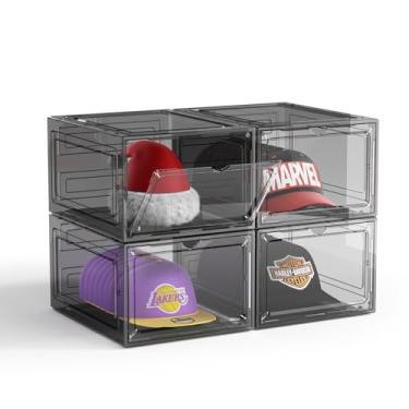 Imagem de Caixa organizadora de chapéus para bonés de beisebol, pacote com 4 caixas de armazenamento de chapéu de plástico transparente, suporte de chapéu para armário, estojo de exibição de chapéu com porta