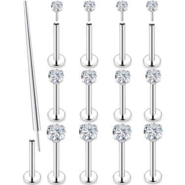 Imagem de Kridzisw Anéis de nariz 18G, 20G, 22G, joias, zircônia, 3 mm, aço inoxidável, parafuso reto, em forma de L, piercing de nariz, joias para mulheres e homens, 16 peças, Metal, Cristal