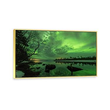 Imagem de JZSDGB Quadro dourado - impressões em tela arte de parede Aurora Boreal imagens - céu estrelado verde aurora paisagem pinturas de arte impressão em tela - pôster de luzes do norte - imagens modernas
