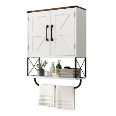 Imagem de RUSTOWN Armário de remédios de fazenda com 2 portas de celeiro, armário de armazenamento de parede de madeira com prateleira ajustável e barra de toalha, armário de banheiro de 3 camadas para banheiro