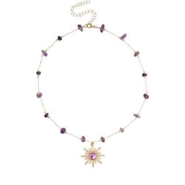 Imagem de MINACHI Colar Boho Sunburst com pedra ametista criada, um toque místico de elegância, joia de presente para mulheres, Medium, Miçangas, Sem Pedra Preciosa