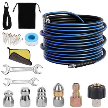 Imagem de AMOPRO Kit de jateador de esgoto para lavadora de pressão, mangueira de limpeza de drenagem 5800PSI 1/4 polegada NPT canto giratório e botão nariz esgoto jato chave inglesa fita impermeável alça de