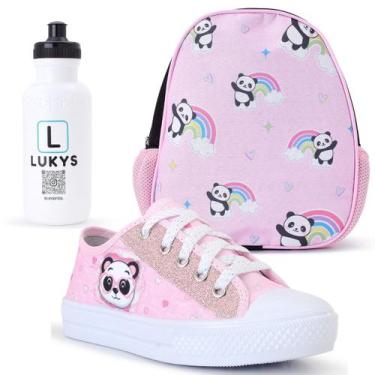 Imagem de Kit Tênis Infantil Feminino Panda Casual + Mochila Garrafinha - LUKYS 