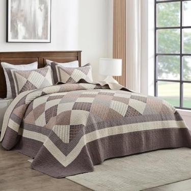 Imagem de FineStichery Colcha King 100% algodão 325 cm L x 120 C, colcha grande com fronhas, colcha de cama xadrez acolchoada de fazenda, capa de cama leve, 3 peças, marrom/cinza