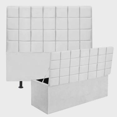 Imagem de Kit Cabeceira Estofada e Calçadeira Baú Recamier Clara 195cm King Size Corino Branco - Ahz Móveis
