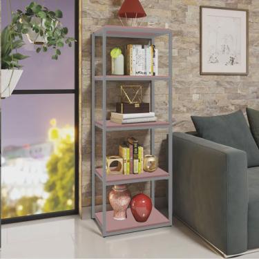 Imagem de Estante Livreiro Multiuso York Industrial Office Ferro Cinza 5 Prateleiras 100% mdf Rose Rosa - Ahazzo Móveis