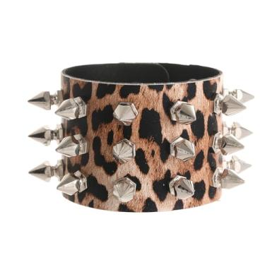 Imagem de TURTLEDOVE Pulseira de couro punk leopardo - pulseira de couro gótico rock com cravejado de metal, Large, Aço inoxidável, Sem Pedra Preciosa