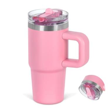 Imagem de Cosictic Copo de canudo flip de 400 ml com alça para crianças, copo isolado de parede dupla de aço inoxidável para crianças com tampa flip top, copos à prova de vazamento de 400 ml para crianças, rosa