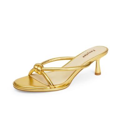 Imagem de Easyfox Sandálias Femininas Douradas, Bico Redondo, Salto Aberto, Mules, Sem Cadarço, Laço, Sapatos De Festa, Tamanho 6