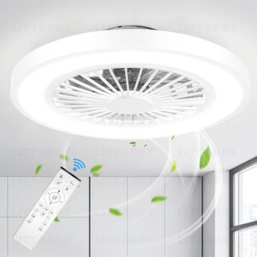 Imagem de LITTARBY Ventiladores De Teto Com Luzes E Controle Remoto, Ventiladores De Teto Sem Lâminas De 22 Polegadas Com Ajuste De Intensidade E Montagem Embutida, Ventilador De Teto Preto Moderno De Perfil