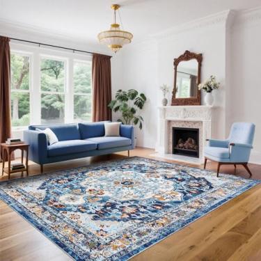 Imagem de U'Artlines Boho Vintage Tapete de área 20 x 25 cm lavável à máquina Tapete macio antiderrapante antiderrapante para sala de estar, quarto, entrada, sala de jantar, escritório, azul