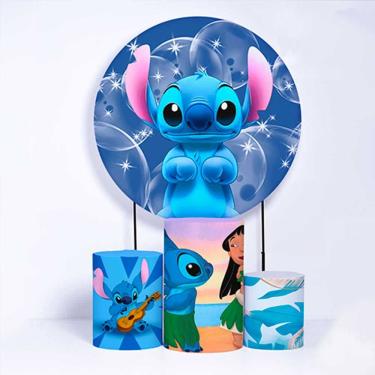 Imagem de Kit Painel de Festa Redondo de 1,80m e Trio de Cilindros Lilo &amp; Stitch - Fera Print