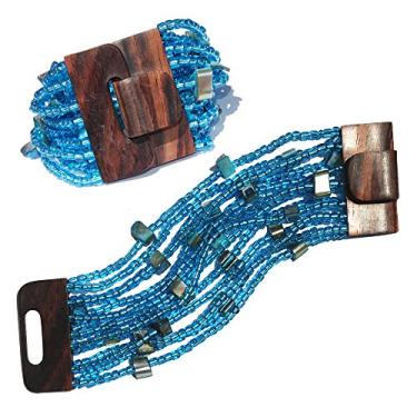 Imagem de indomode Pulseira étnica balinesa azul translúcida com fecho de fivela de madeira com 14 fios de 5 cm de largura com conchas, One Size, Vidro, Na