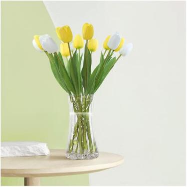 Imagem de Vaso de cristal moderno de 23 cm, vaso de flores de vidro resistente transparente, design curvado vertical com nervuras para buquês, centro de mesa de boca larga para decoração de casa (transparente