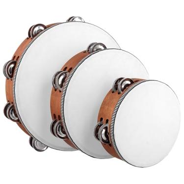 Imagem de MUKLEI 3 pandeiros de madeira para tambor portátil de 3 tamanhos, 15 cm, 20 cm, 20 cm, 25 cm, pandeiros marrons de fileira dupla para adultos para igreja, festa, dança, casamento