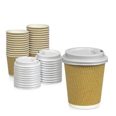 Imagem de [Pacote com 50] Copos quentes descartáveis com tampas – Copos de café de parede dupla com isolamento marrom de 118 g com tampa branca – Copo de papel Kraft para bebidas de chocolate, chá e cacau