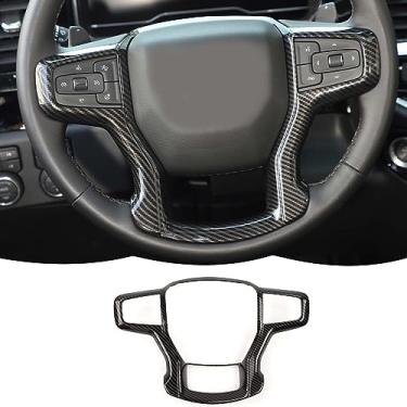 Imagem de Acessórios interiores para decoração de moldura de volante de fibra de carbono compatíveis com Chevrolet Silverado 2019-2023, para Chevrolet Tahoe 2021-2023, para SUV suburbano 2020-2023