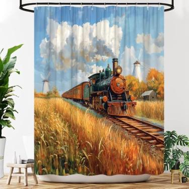 Imagem de YOZSLGU Cortina de chuveiro retrô de trem a vapor vintage ferroviária outono outono país paisagem natureza rústica pintura a óleo tecido decoração de banheiro cortinas com ganchos, 177,8 cm L x 170 A