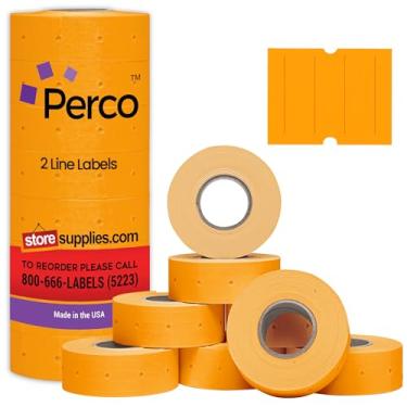 Imagem de Perco Etiquetas fluorescentes laranja Perco para pistola de etiquetagem Perco de 2 linhas - 1 manga, 6.000 etiquetas - com rolo de tinta bônus