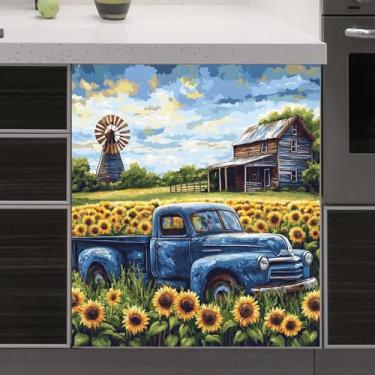 Imagem de RTHDG Adesivo de vinil de painel magnético para lava-louças caminhão azul fazenda azul caminhão capa magnética para lava-louças, geladeira, moinho de vento, eletrodomésticos decorativos - magnético de