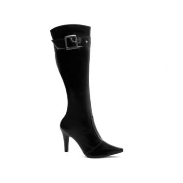 Imagem de EMILY ONLINE, Bota Cano Longo Salto Alto Stiletto 9 cm Bico Fino Feminina com Ziper Fivelas e Apliques (Preto, 38)