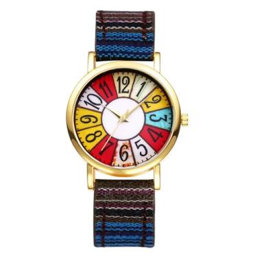 Imagem de JewelryWe Relógio feminino de couro boêmio: mostrador analógico grande de quartzo colorido feminino com pulseira de tecido de couro legítimo, fácil leitura, relógio de pulso casual, Azul - ouro